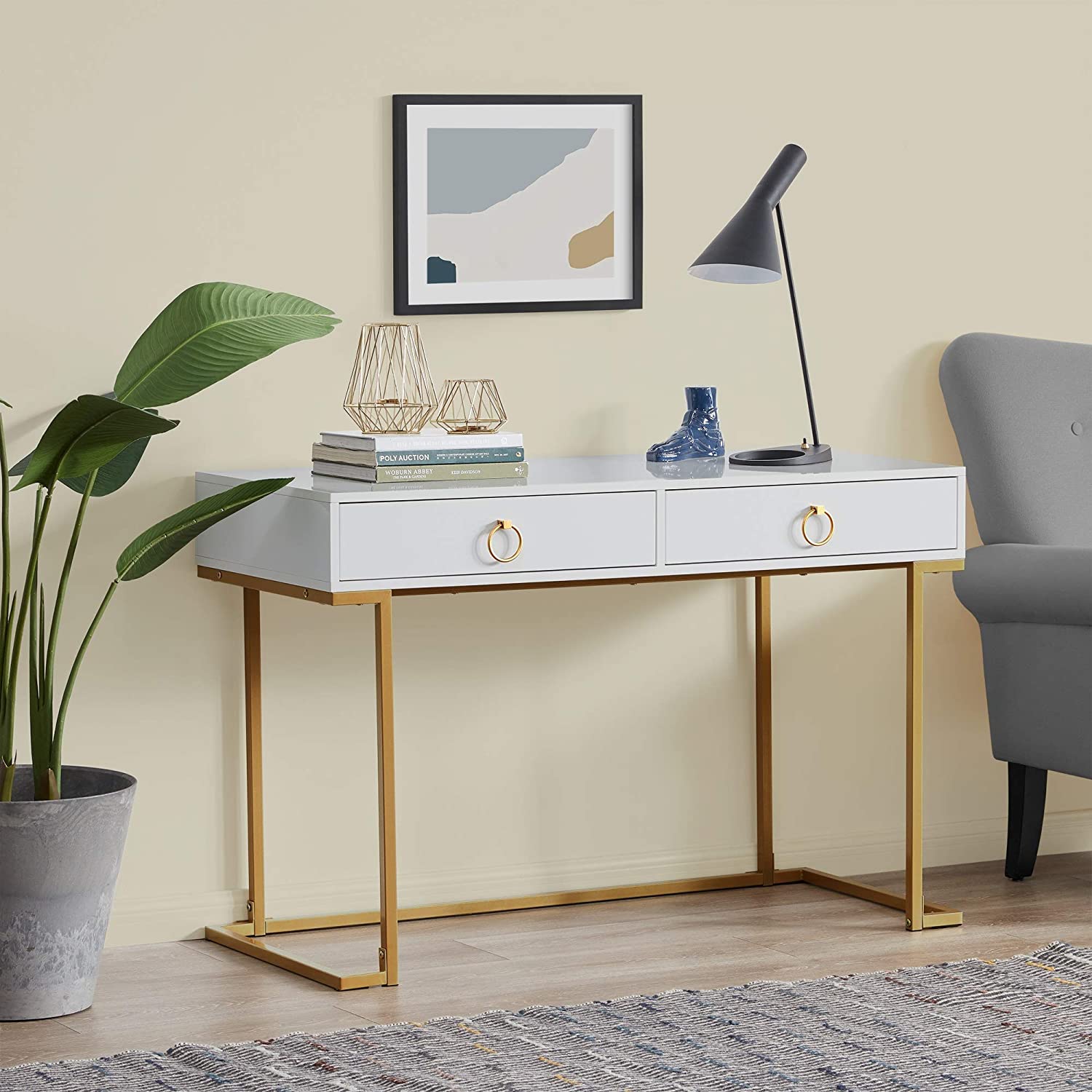 BELLEZE Two-Drawer Home Office Computer Desk Vanity Table, Wood and Metal, White & Gold