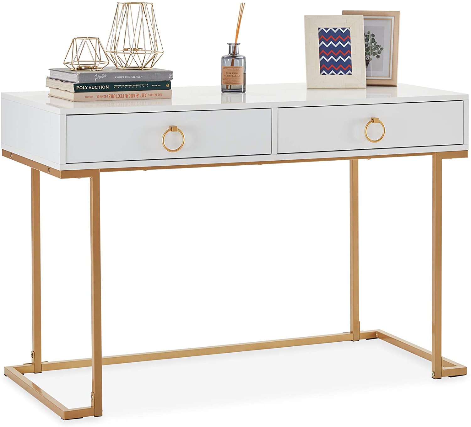 Wood and Metal BELLEZE Two-Drawer Home Office Computer Desk Vanity Table White /& Gold